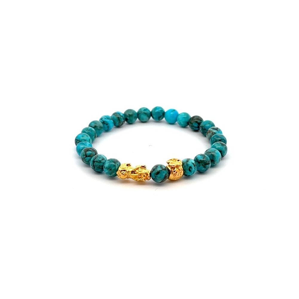 18K Gold Pixiu Piyao Money Bag Lucky Charm Bracelet Gemstone Turquoise 6mm